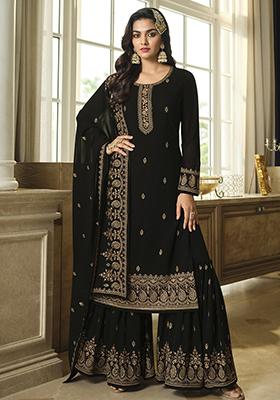 Black Sequin Embroidered Faux Georgette Sharara Set