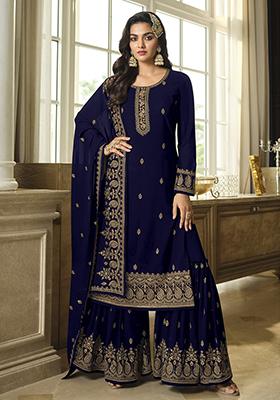 Blue Sequin Embroidered Faux Georgette Sharara Set
