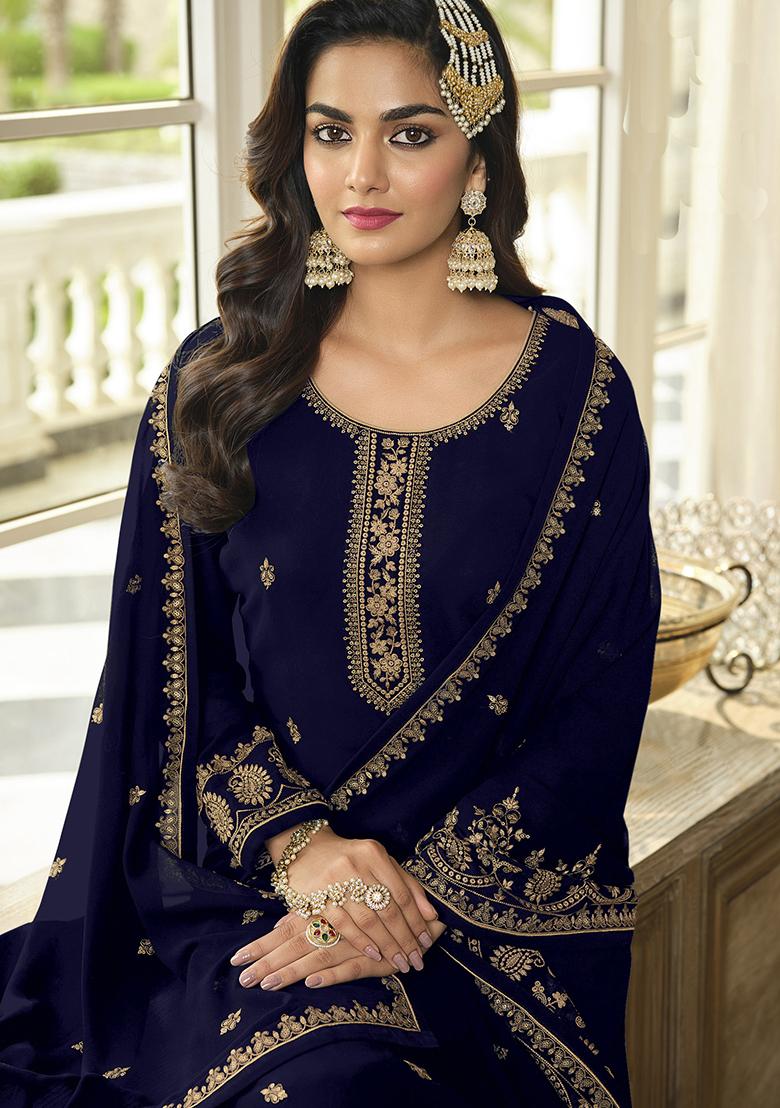 Blue Sequin Embroidered Faux Georgette Sharara Set