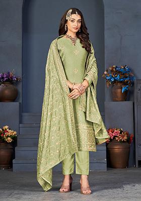 Pista Green Sequin Embroidered Vichitra Georgette Kurta Set