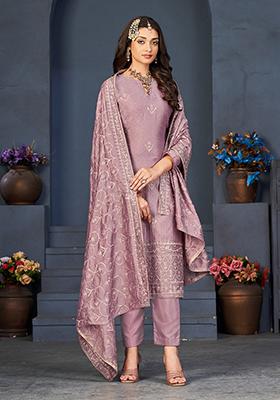 Mauve Sequin Embroidered Vichitra Georgette Kurta Set