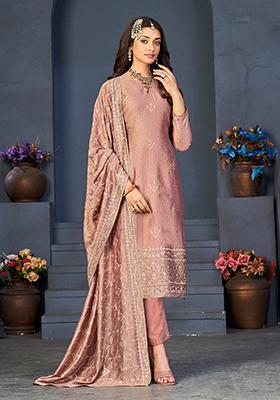 Peach Sequin Embroidered Vichitra Georgette Kurta Set