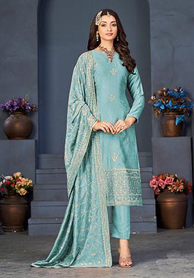 Sky Blue Sequin Embroidered Vichitra Georgette Kurta Set
