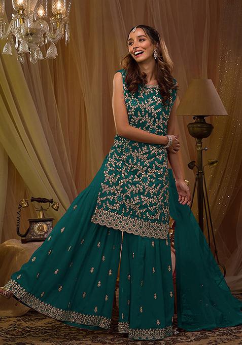 Teal Sequin Embroidered Georgette Sharara Set