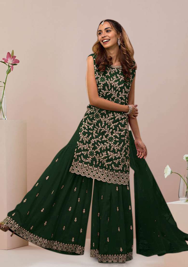 Green Embroidered Georgette Sharara Set - Indya