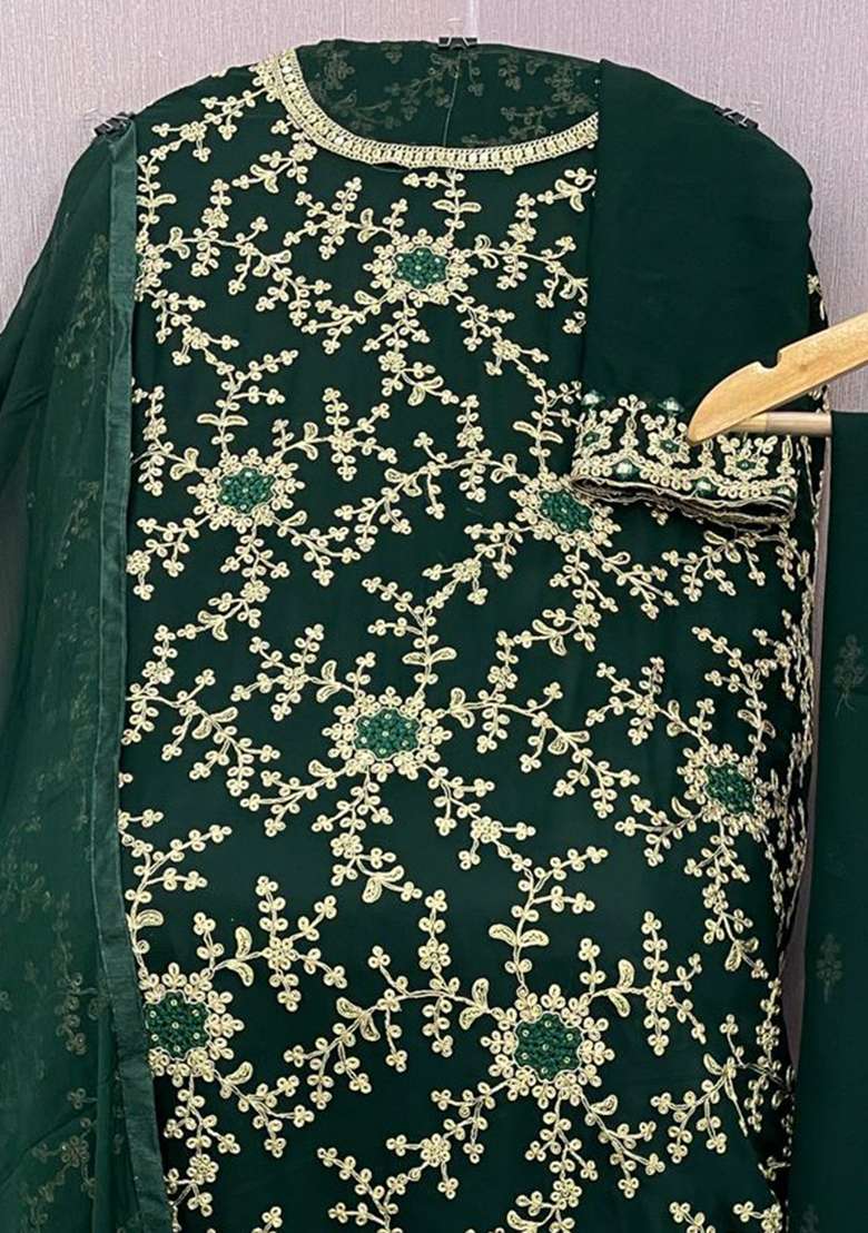 Green Embroidered Georgette Sharara Set - Indya
