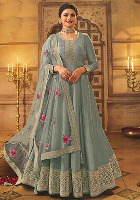 Stone Blue Sequin Embroidered Dola Silk Anarkali Set