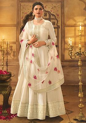 Cream Sequin Embroidered Dola Silk Anarkali Set