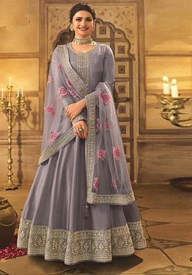 Stone Purple Sequin Embroidered Dola Silk Anarkali Set