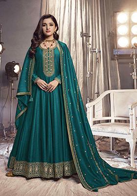 Teal Sequin Embroidered Silk Anarkali Set