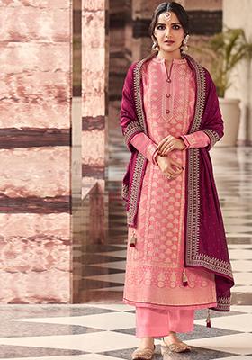 Pink Embroidered Dola Jacquard Kurta Set