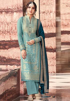 Sky Blue Embroidered Dola Jacquard Kurta Set