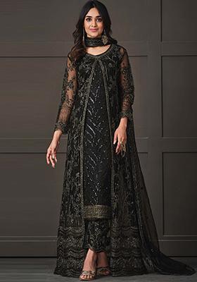 Black Sequin Embroidered Butterfly Net Kurta Set