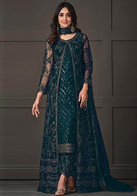 Green Sequin Embroidered Butterfly Net Kurta Set