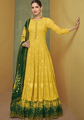 Yellow Sequin Embroidered Faux Georgette Anarkali Set