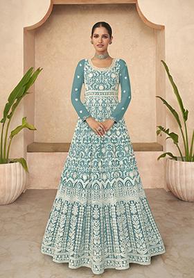 Sky Blue Sequin Embroidered Faux Georgette Anarkali Set