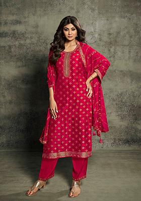 Rani Pink Embroidered Viscose Jacquard Anarkali Set