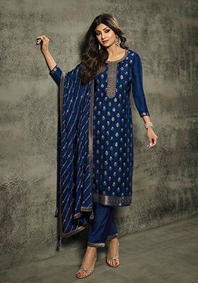 Navy Blue Embroidered Viscose Jacquard Anarkali Set