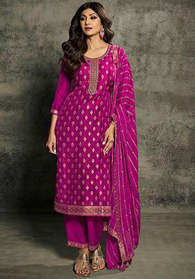 Rani Pink Embroidered Viscose Jacquard Anarkali Set