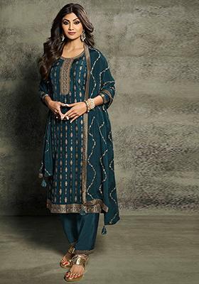 Teal Green Embroidered Viscose Jacquard Anarkali Set