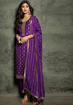 Purple Embroidered Viscose Jacquard Anarkali Set
