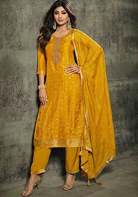 Mustard Embroidered Viscose Jacquard Anarkali Set