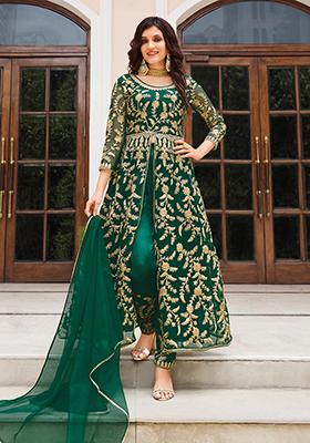 Green Embroidered Butterfly Net Anarkali Set