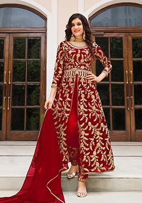 Red Embroidered Butterfly Net Anarkali Set