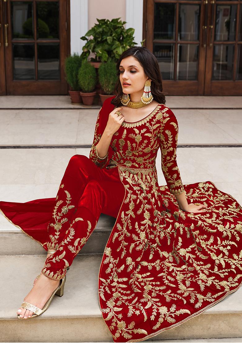 Red Embroidered Butterfly Net Anarkali Set