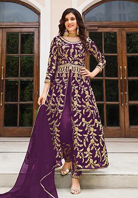 Purple Embroidered Butterfly Net Anarkali Set