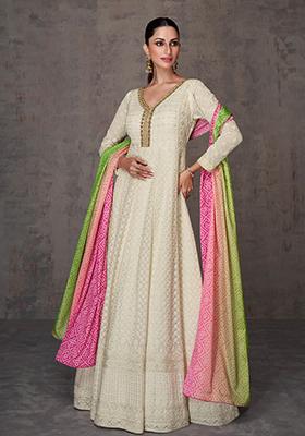 Cream Sequin Embroidered Faux Georgette Anarkali Set