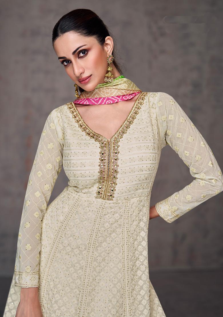 Cream Sequin Embroidered Faux Georgette Anarkali Set