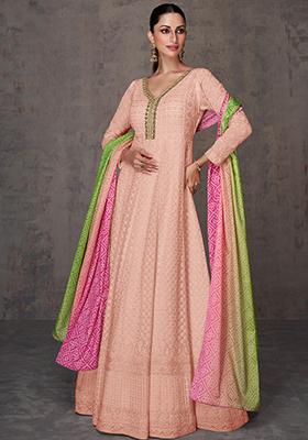 Peach Sequin Embroidered Faux Georgette Anarkali Set