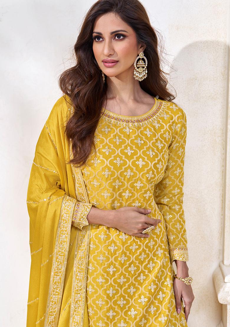 Yellow Sequin Embroidered Chinon Kurta Set