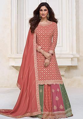 Dark Peach Sequin Embroidered Chinon Kurta Set