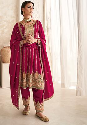 Rani Pink Sequin Embroidered Silk Kurta Set