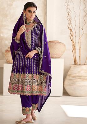 Purple Sequin Embroidered Silk Kurta Set