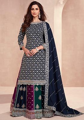 Navy Blue Sequin Embroidered Chinon Kurta Set