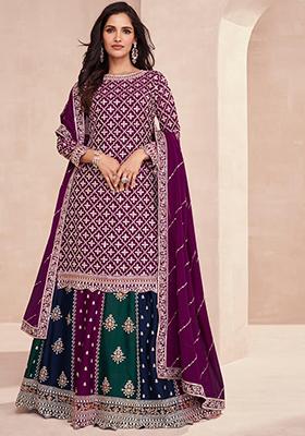 Magenta Sequin Embroidered Chinon Kurta Set