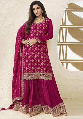 Rani Pink Sequin Embroidered Viscose Chinon Kurta Set