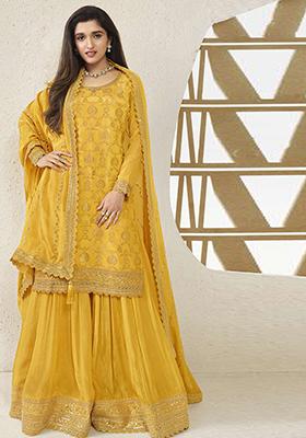 Yellow Sequin Embroidered Viscose Chinon Kurta Set