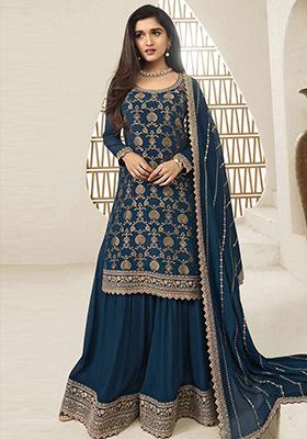 Teal Sequin Embroidered Viscose Chinon Kurta Set