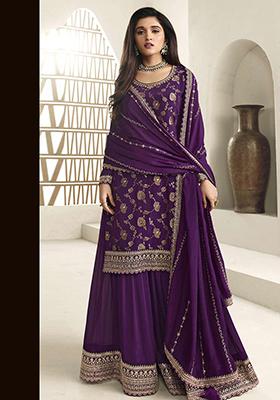 Purple Sequin Embroidered Viscose Chinon Kurta Set