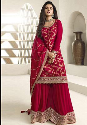 Red Sequin Embroidered Viscose Chinon Kurta Set