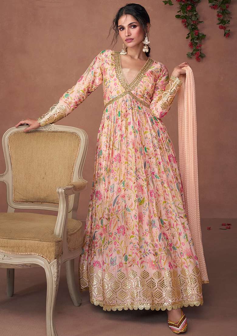 Light Peach Embroidered Organza Anarkali Set - Indya
