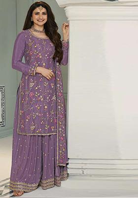 Onion Pink Sequin Embroidered Viscose Chinon Kurta Set