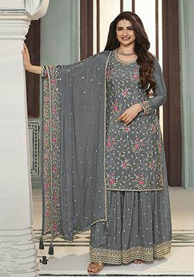 Grey Sequin Embroidered Viscose Chinon Kurta Set