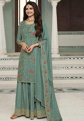 Sea Blue Sequin Embroidered Viscose Chinon Kurta Set