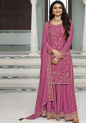 Pink Sequin Embroidered Viscose Chinon Kurta Set