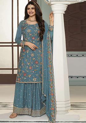 Blue Sequin Embroidered Viscose Chinon Kurta Set